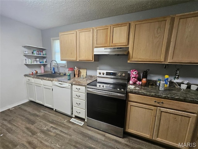 24355 Trolley Ln, Saint Robert, MO 65584 - kitchen featuring stainless steel range with electric stovetop, under cabinet range hood, white dishwasher, a sink, and dark wood finished floors
