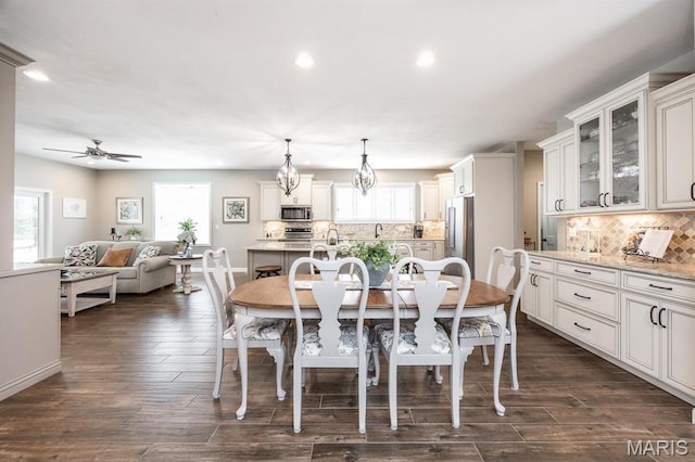9 Shellie Ct, Fairview Heights, IL 62208 - dining room featuring recessed lighting, dark wood-style flooring, a ceiling fan, and baseboards