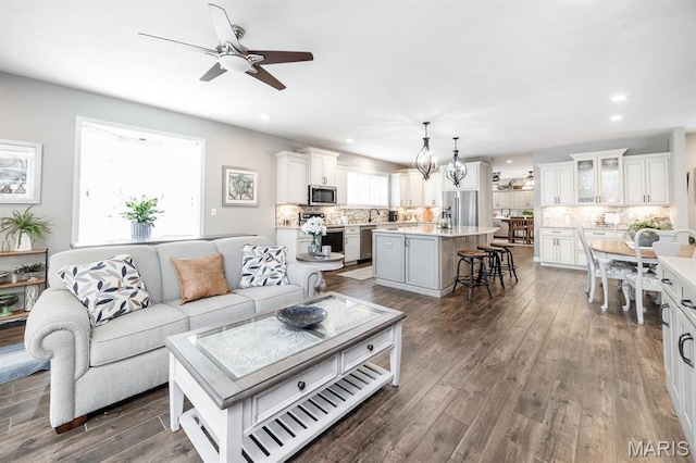 9 Shellie Ct, Fairview Heights, IL 62208 - living room featuring ceiling fan, recessed lighting, and dark wood-style floors