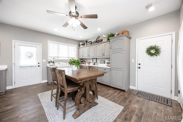9 Shellie Ct, Fairview Heights, IL 62208 - dining area featuring dark wood-type flooring, a ceiling fan, baseboards, and recessed lighting