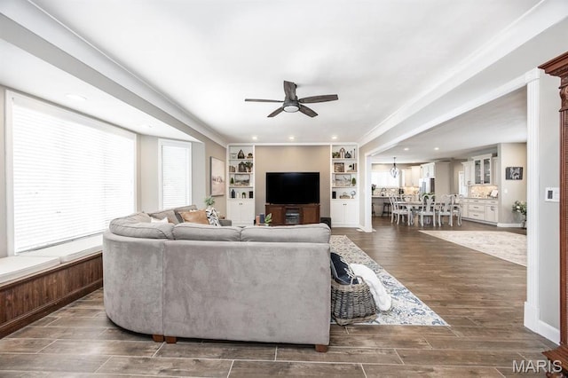 9 Shellie Ct, Fairview Heights, IL 62208 - living room with a ceiling fan, wood finished floors, built in shelves, and recessed lighting