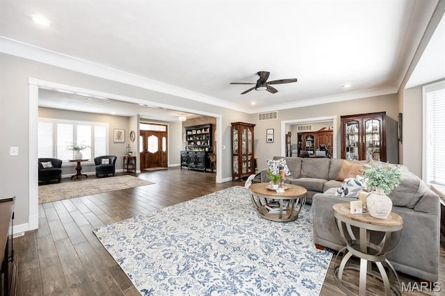 9 Shellie Ct, Fairview Heights, IL 62208 - living area featuring baseboards, dark wood-type flooring, a ceiling fan, recessed lighting, and ornamental molding