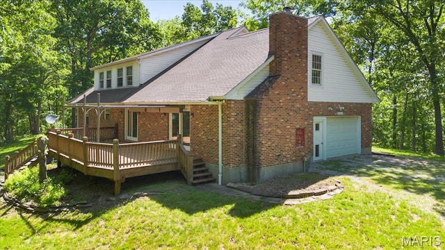 3743 Rock Creek Valley Rd, High Ridge, MO 63049 - rear view of property with brick siding, a lawn, a deck, and a chimney