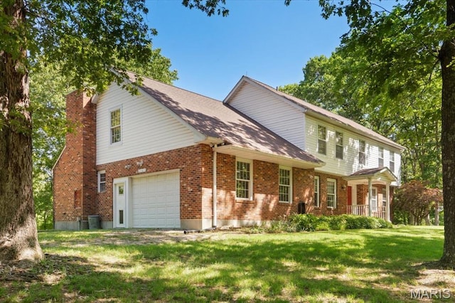 3743 Rock Creek Valley Rd, High Ridge, MO 63049 - view of front of house with brick siding, a front lawn, an attached garage, and a chimney