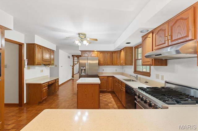 3743 Rock Creek Valley Rd, High Ridge, MO 63049 - kitchen featuring stainless steel fridge, under cabinet range hood, dishwasher, stove, and ceiling fan
