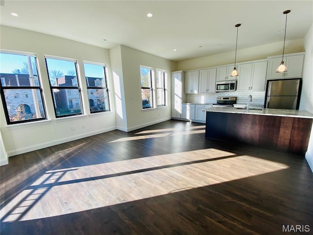 4301 Maryland Ave Unit 2, Saint Louis, MO 63108 - kitchen with appliances with stainless steel finishes, a sink, dark wood finished floors, decorative backsplash, and recessed lighting