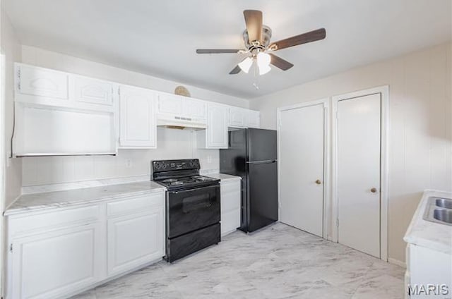 7150 Beulah Ave, Saint Louis, MO 63136 - kitchen featuring black appliances, under cabinet range hood, white cabinets, ceiling fan, and light countertops