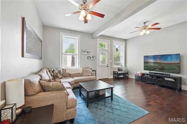 3015 Indiana Ave, Saint Louis, MO 63118 - living room featuring ceiling fan, hardwood / wood-style flooring, beamed ceiling, and baseboards