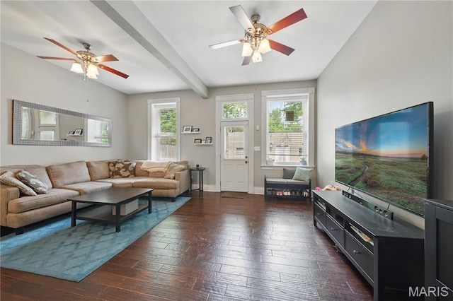 3015 Indiana Ave, Saint Louis, MO 63118 - living area with ceiling fan, dark wood-style floors, baseboards, and beam ceiling