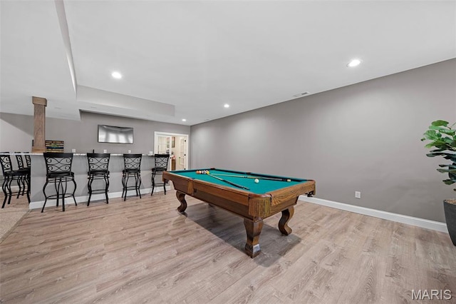 111 Foristell Ridge Ct, Foristell, MO 63348 - rec room with wood finished floors, baseboards, billiards table, recessed lighting, and decorative columns
