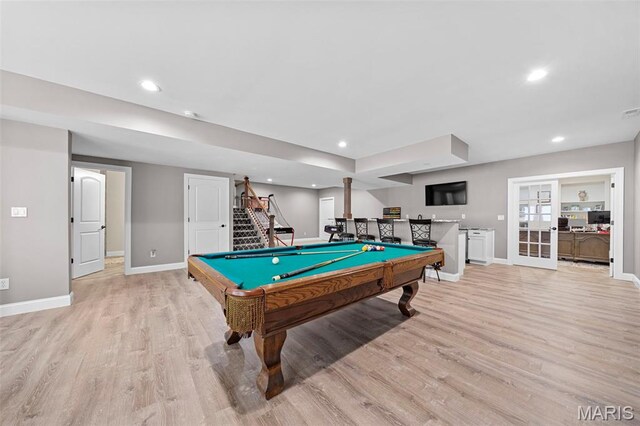 111 Foristell Ridge Ct, Foristell, MO 63348 - playroom featuring light wood-type flooring, baseboards, billiards, bar, and recessed lighting