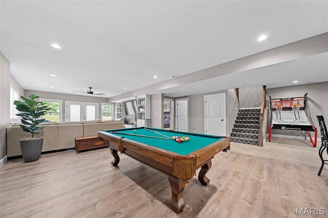 111 Foristell Ridge Ct, Foristell, MO 63348 - recreation room with light wood-style flooring, recessed lighting, ceiling fan, pool table, and baseboards