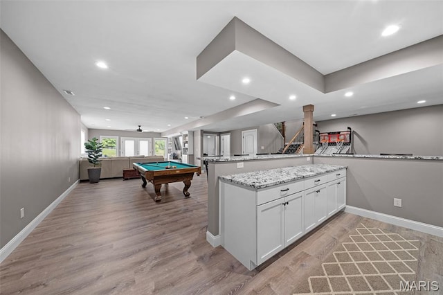 111 Foristell Ridge Ct, Foristell, MO 63348 - kitchen with ornate columns, recessed lighting, billiards table, white cabinetry, and open floor plan