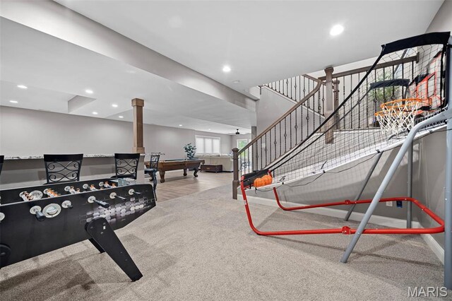 111 Foristell Ridge Ct, Foristell, MO 63348 - rec room with billiards table, recessed lighting, carpet floors, and baseboards