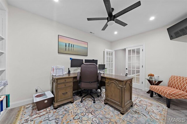 111 Foristell Ridge Ct, Foristell, MO 63348 - office with ceiling fan, light wood-style flooring, baseboards, french doors, and recessed lighting