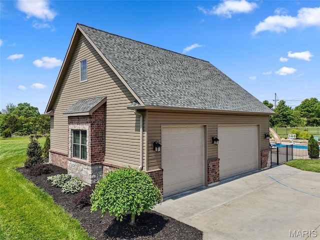 111 Foristell Ridge Ct, Foristell, MO 63348 - view of home's exterior with brick siding, a garage, roof with shingles, and fence