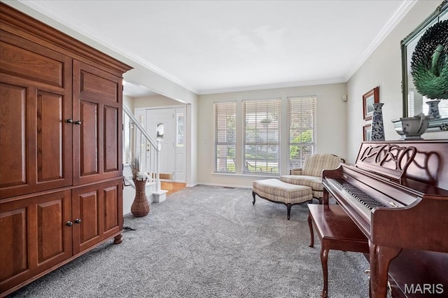 300 Wildberry Ln, Saint Charles, MO 63304 - living area featuring carpet flooring, ornamental molding, and stairway