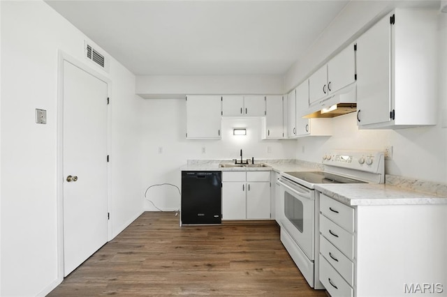 10161 Squire Meadows Drive E, Saint Louis, MO 63123 - kitchen featuring black dishwasher, white electric range, under cabinet range hood, light countertops, and white cabinets