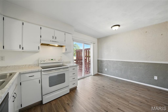10161 Squire Meadows Drive E, Saint Louis, MO 63123 - kitchen with white electric range, under cabinet range hood, dark wood-style flooring, dishwasher, and a textured wall
