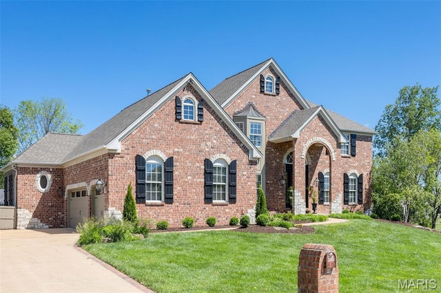 5316 Enchanted Ct, Weldon Spring, MO 63304 - view of front of home featuring an attached garage, a front lawn, and brick siding