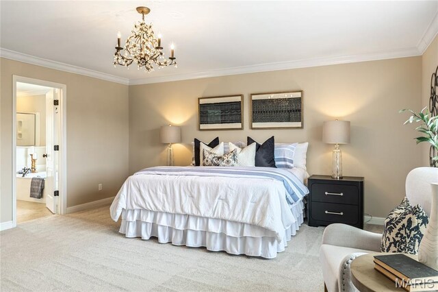 5316 Enchanted Ct, Weldon Spring, MO 63304 - bedroom featuring a chandelier, light colored carpet, ornamental molding, and ensuite bath