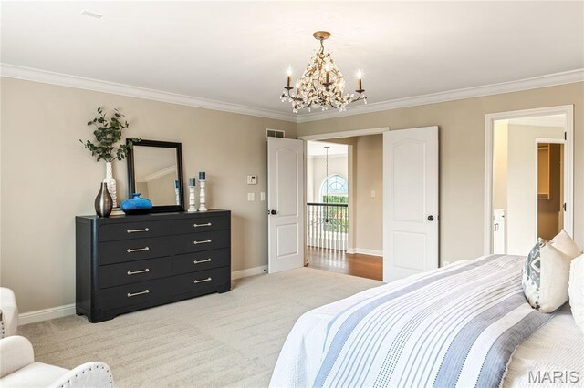 5316 Enchanted Ct, Weldon Spring, MO 63304 - bedroom featuring a chandelier, ornamental molding, and light colored carpet