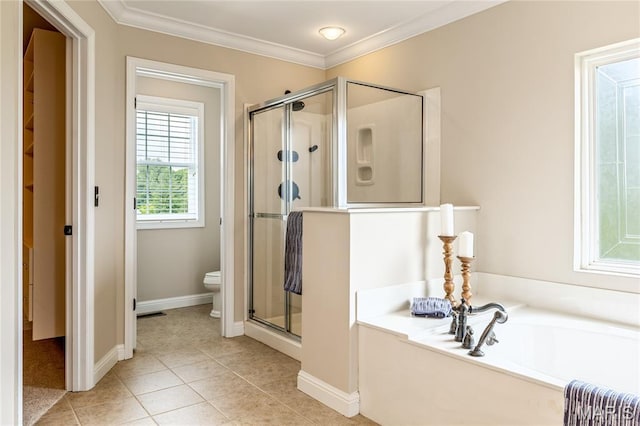 5316 Enchanted Ct, Weldon Spring, MO 63304 - bathroom featuring a stall shower, a bath, radiator heating unit, tile patterned floors, and crown molding