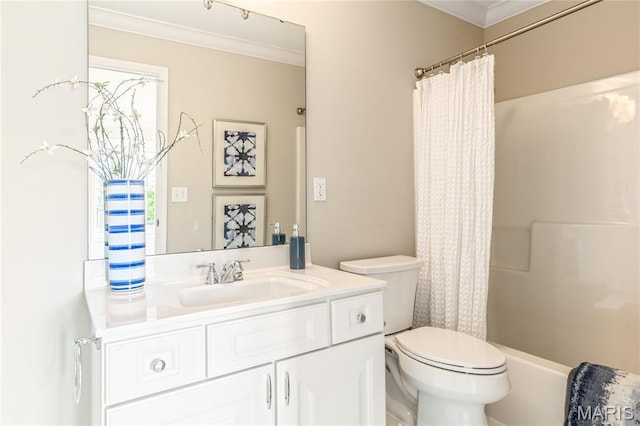 5316 Enchanted Ct, Weldon Spring, MO 63304 - bathroom featuring ornamental molding, vanity, and shower / bathtub combination with curtain