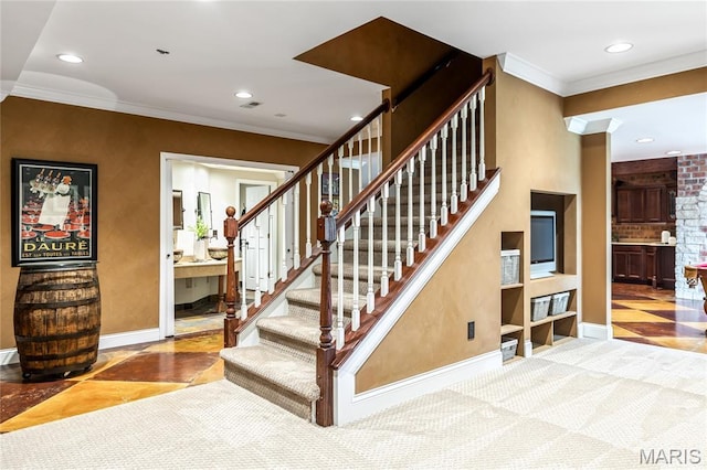 5316 Enchanted Ct, Weldon Spring, MO 63304 - stairs featuring ornamental molding and recessed lighting