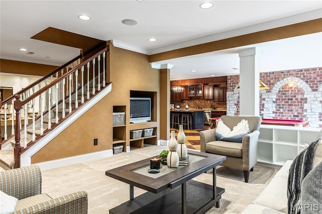 5316 Enchanted Ct, Weldon Spring, MO 63304 - living area featuring light carpet, recessed lighting, decorative columns, stairway, and ornamental molding