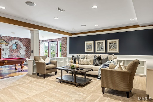 5316 Enchanted Ct, Weldon Spring, MO 63304 - living area featuring decorative columns, crown molding, a wainscoted wall, pool table, and a decorative wall