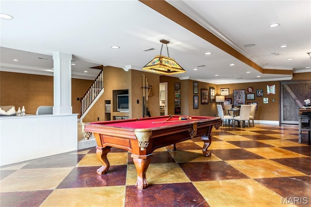 5316 Enchanted Ct, Weldon Spring, MO 63304 - playroom with crown molding, decorative columns, recessed lighting, and billiards table