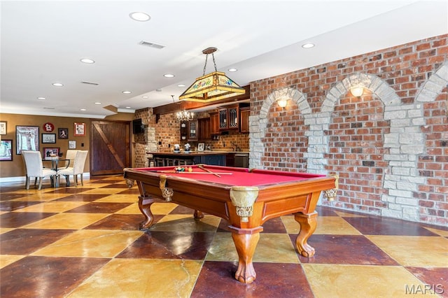 5316 Enchanted Ct, Weldon Spring, MO 63304 - recreation room with recessed lighting, bar area, billiards, and brick wall