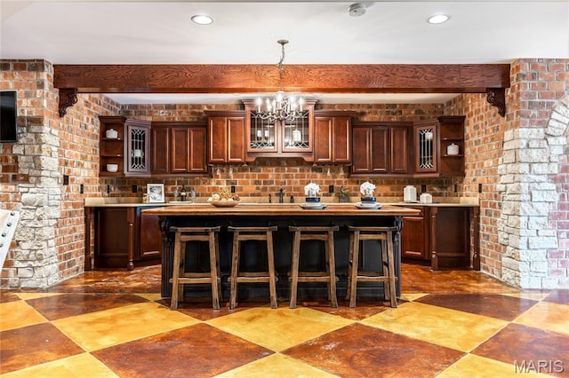 5316 Enchanted Ct, Weldon Spring, MO 63304 - bar area with a chandelier, decorative light fixtures, recessed lighting, beam ceiling, and tasteful backsplash