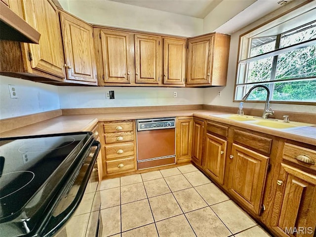 860 Chouteau Ave, Godfrey, IL 62035 - kitchen featuring dishwashing machine, electric range, a sink, under cabinet range hood, and light countertops