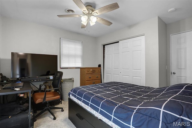 28 French Quarter, Belleville, IL 62223 - bedroom with light colored carpet, a closet, a desk, and a ceiling fan