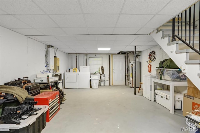 28 French Quarter, Belleville, IL 62223 - finished below grade area with independent washer and dryer, water heater, a paneled ceiling, and stairway