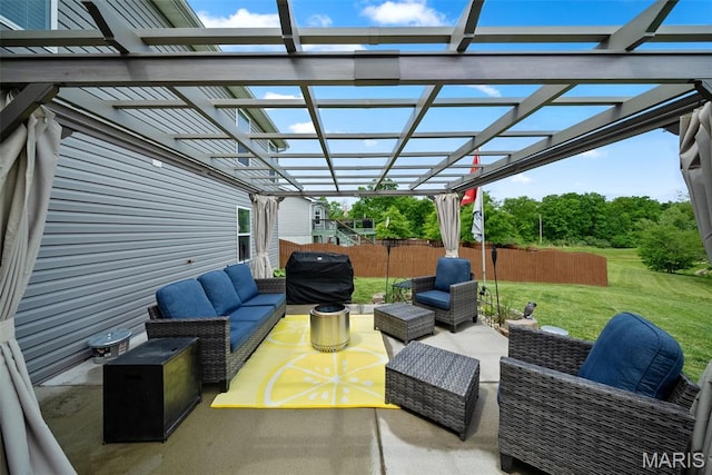 view of patio / terrace with outdoor lounge area, a pergola, and a grill