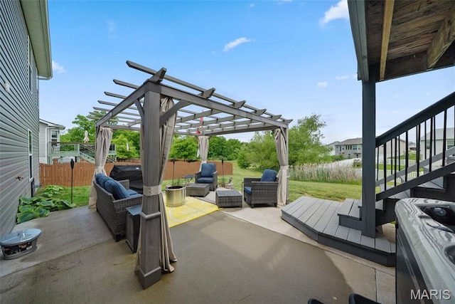 view of patio with a pergola, outdoor lounge area, fence, and stairs
