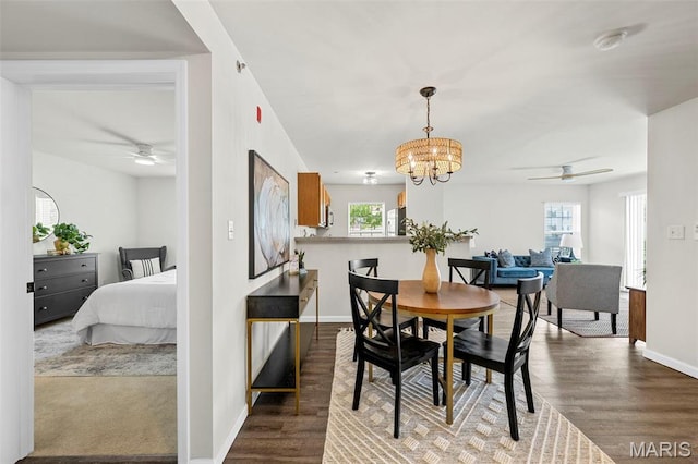 dining room with ceiling fan, baseboards, a chandelier, and dark wood-type flooring