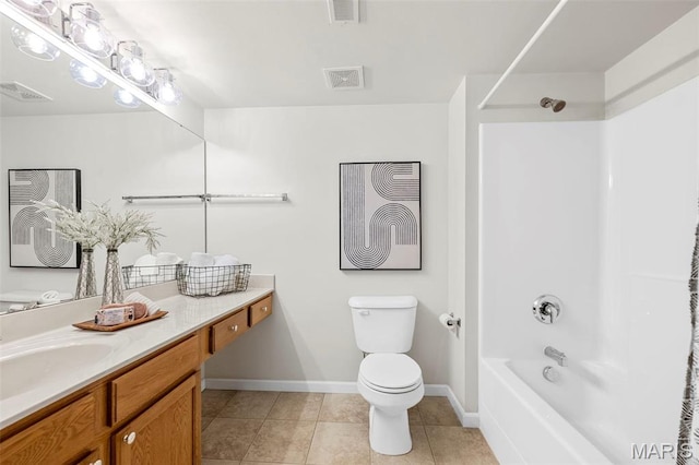 bathroom with toilet, tile patterned floors, shower / bath combination, vanity, and baseboards
