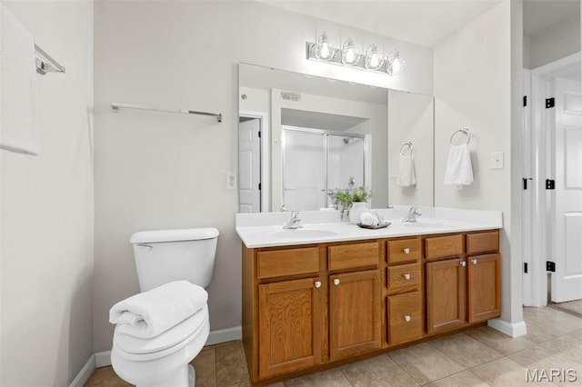 bathroom with a stall shower, double vanity, toilet, tile patterned flooring, and baseboards