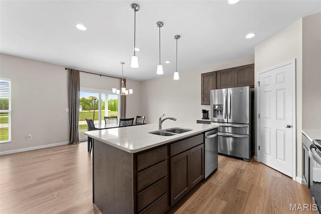 kitchen with stainless steel appliances, a sink, plenty of natural light, dark brown cabinetry, and recessed lighting