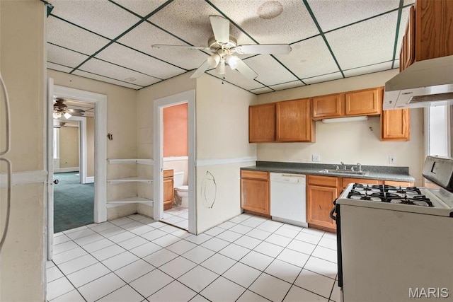 3456 Miami St, Saint Louis, MO 63118 - kitchen with white appliances, a ceiling fan, a paneled ceiling, under cabinet range hood, and light tile patterned flooring