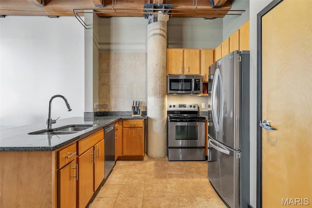 kitchen with appliances with stainless steel finishes, a sink, dark stone countertops, and a peninsula