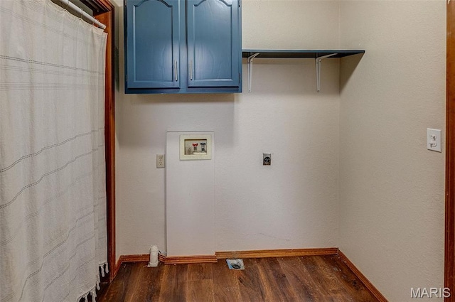 laundry room with washer hookup, dark wood-type flooring, electric dryer hookup, cabinet space, and baseboards