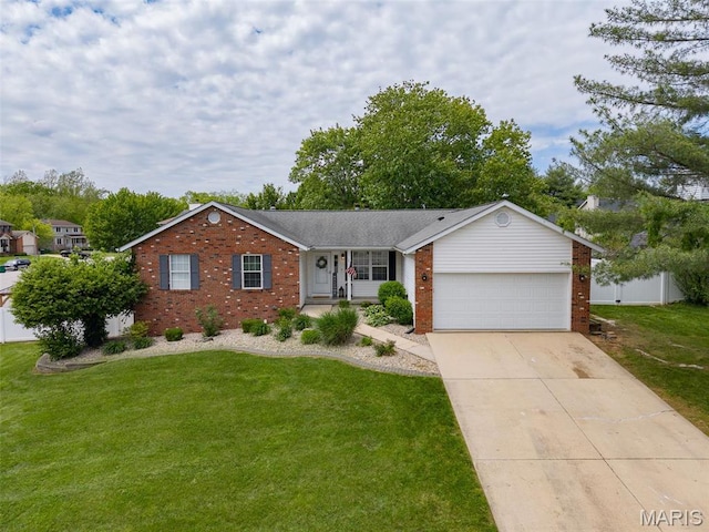 single story home featuring brick siding, a garage, and driveway