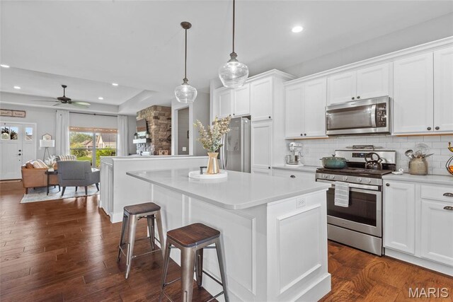 136 Oakshire Dr, Troy, IL 62294 - kitchen featuring appliances with stainless steel finishes, a kitchen island, a ceiling fan, white cabinetry, and recessed lighting