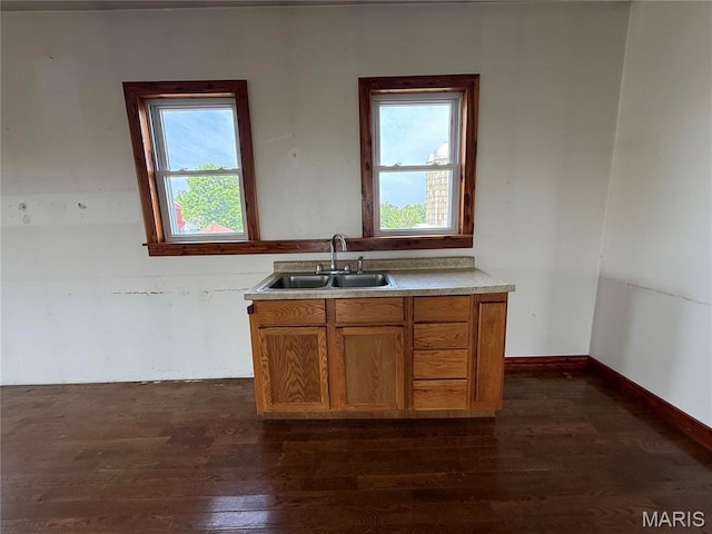29595 State Highway 3, La Plata, MO 63549 - kitchen featuring a sink, dark wood finished floors, brown cabinets, and light countertops