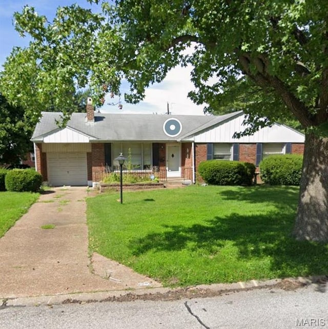 ranch-style house featuring an attached garage, brick siding, a front lawn, concrete driveway, and a chimney